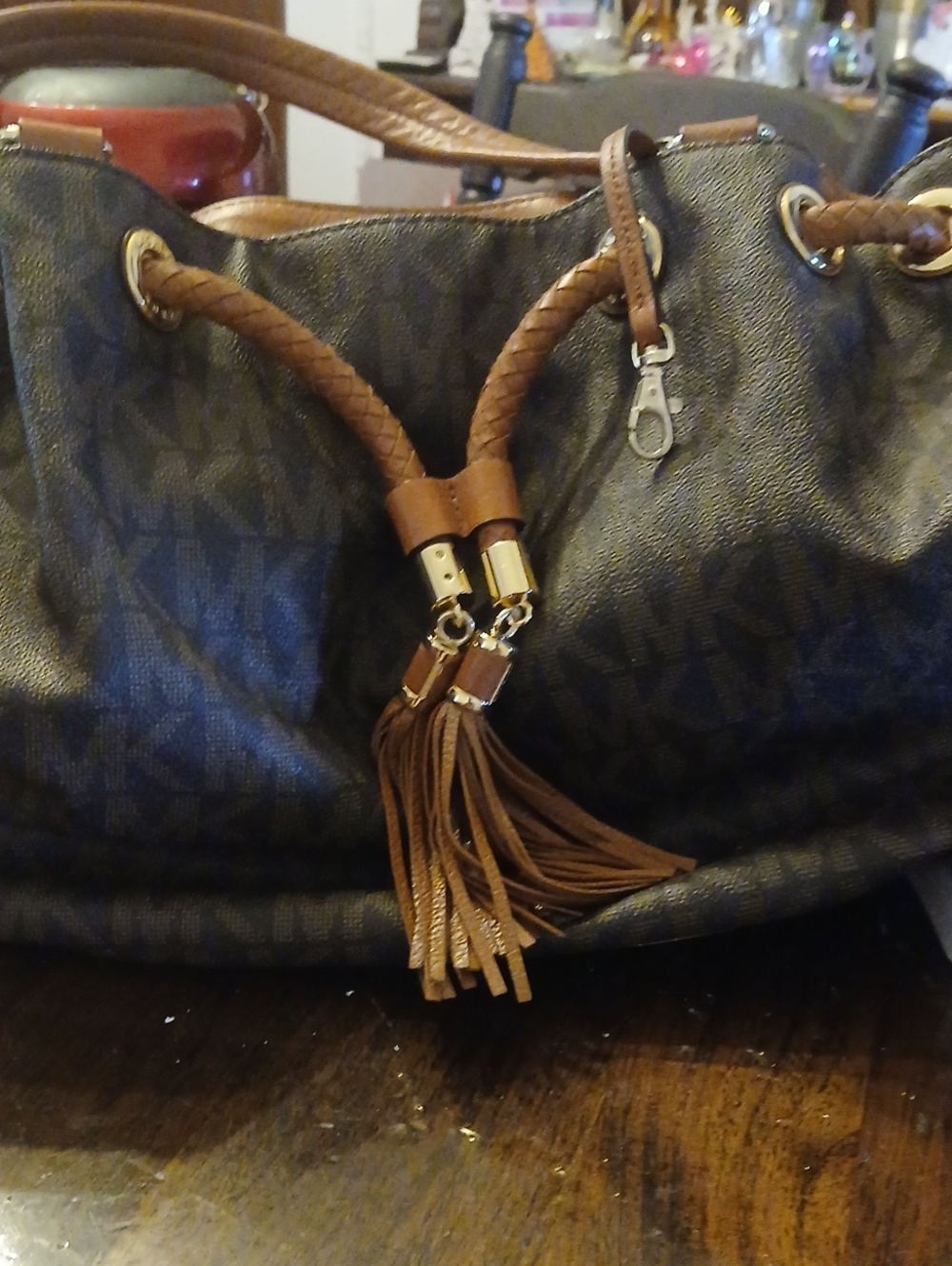 Micheal Kors Designer-Style Brown Drawstring Tassel Tote Bag
